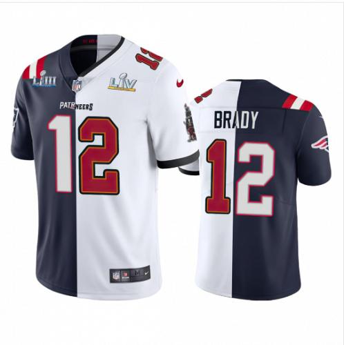 Men Buccaneers Patriots Tom Brady White Navy Split GOAT Men&rsquo;s Jersey Super Bowl