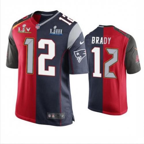 Men Buccaneers Patriots #12 Tom Brady Red Navy Split GOAT Men&rsquo;s Jersey Two Tone