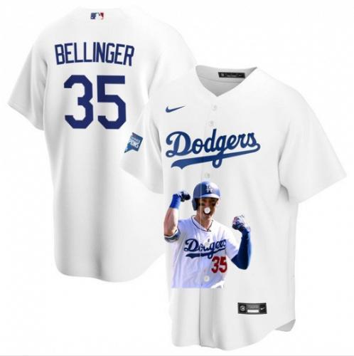 Men Los Angeles Dodgers#35 Cody Bellinger Portrait Jersey White WS Champions Stitched