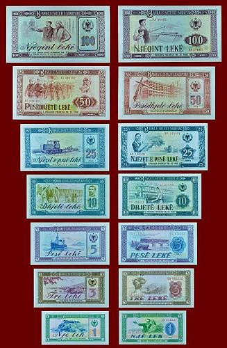Full Set Albania Paper Money 1964, Banknotes: 1, 3, 5, 10, 25, 50, 100 leke. UNC