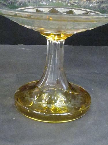 Cut Glass compote Antique green amber cut to clear