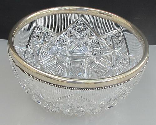 Sterling silver rim American Brilliant Period Cut Glass bowl Antique ABP