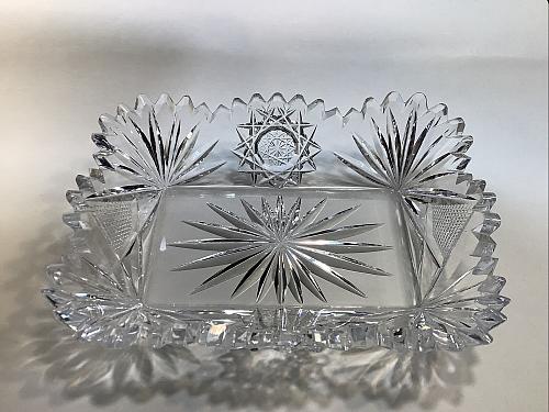 American Brilliant Period hand Cut Glass rectangle tray Signed Fry