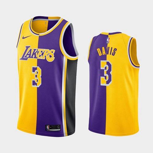 Men's Los Angeles Lakers #3 Anthony Davis Split Yellow Purple Jersey