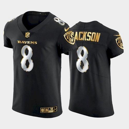 Men's Ravens Lamar Jackson Golden Edition Elite Jersey - Black