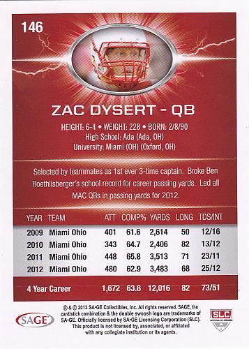 Zac Dysert #146 - Broncos 2013 Sage Hit SILVER FELT Rookie Football Trading Card