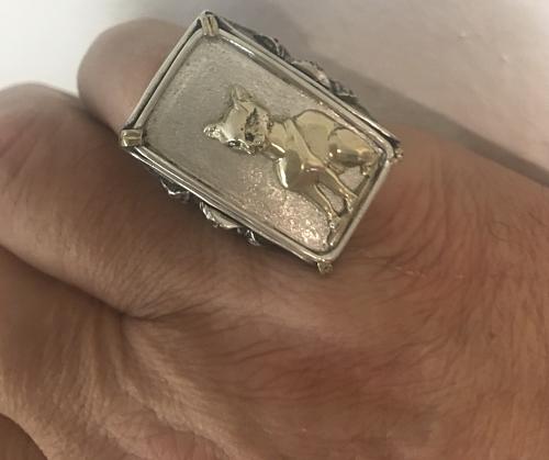 10 Karat Gold Bastet Egyptian cat sterling silver ring.