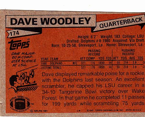 Dave Woodley #174 - Dolphins 1981 Topps Football Trading Card