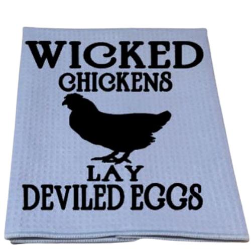 Funny Tea Towel Kitchen Wicked Chickens Lay Deviled Eggs Saying Hanging Gray