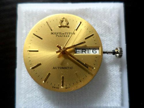 GENUINE ETA 2836-2 WITH 17J SOLVIL TITUS "PANTHER" D/D DIAL HANDS, STEM, CROWN.