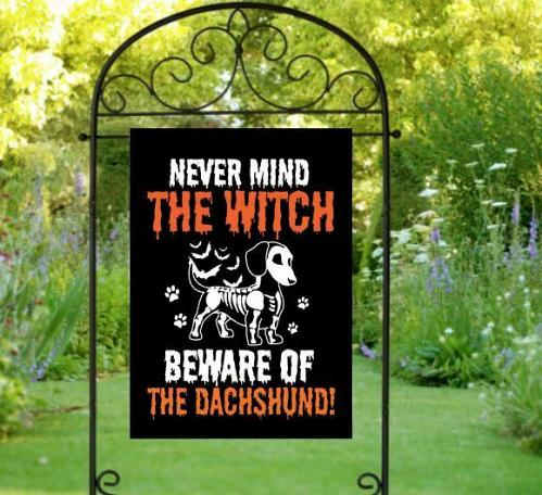 Outdoor Yard Decor Halloween House Flag Dachshund Skeleton Beware Large 12"x18"