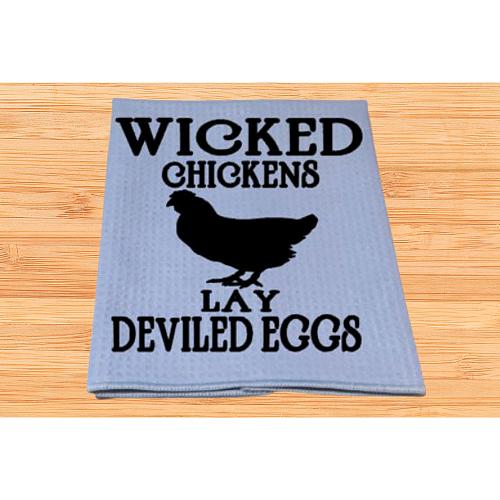 Funny Tea Towel Kitchen Wicked Chickens Lay Deviled Eggs Saying Hanging Gray