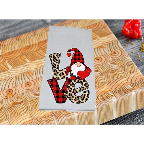 Gnome Valentine Hearts Red Leopard Kitchen Hand Dish Towel Love Holiday Print