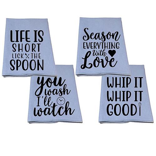 4 Piece Kitchen Dish Towel Set Absorbent Gray Towels 16"x24" with Funny Sayings