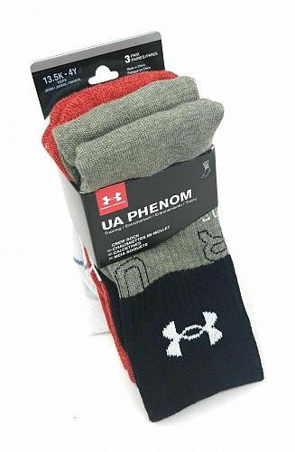 Under Armour Boys UA Phenom Crew Socks 3-Pack Size 13.5-4 Youth Training Small