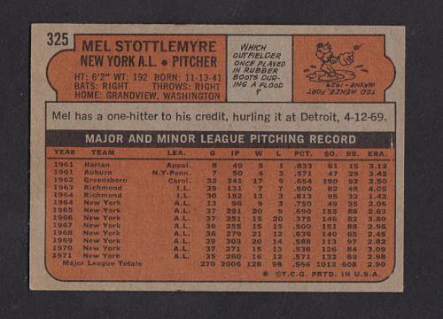 1972 Topps #325 Mel Stottlemyre Yankees NM