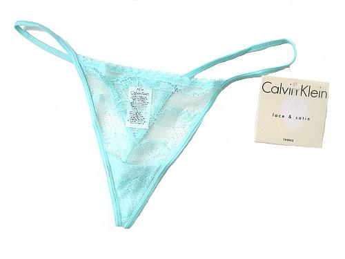 X0206 Calvin Klein NEW F2487D Aqua All Over Sheer Lace and Satin Thong M