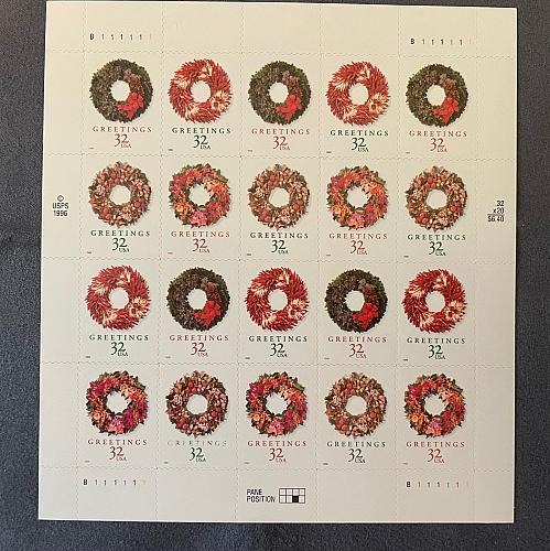 1996 Christmas Stamp Sheet. 20 - 32 cent stamps. MNH