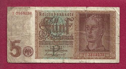 GERMANY 5 Mark 1942 Banknote P186 Serial # T3868238- Hitler Youth, Watermark