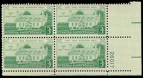 US #1108 Gunston Hall P# Block of 4; MNH |USA1108pb4-01XAS