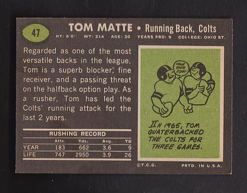 1969 Topps #47 Tom Matte Colts High Grade NM-MT