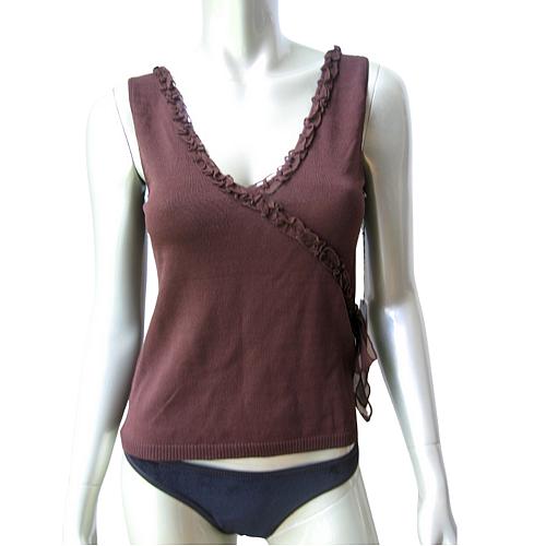 CA06 Michelle Nicole NEW Women's Coffee Chiffon Ruffle Ribbon Rib Rayon Blouse M