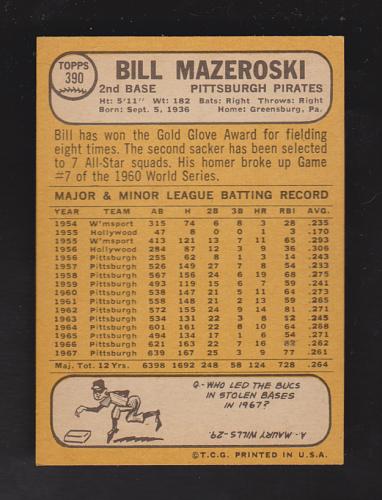 1968 Topps #390 Bill Mazeroski Pirates NM-MT
