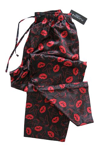 A018 Playboy NEW Men's PY02PL Red Lips and Rabbit Head Satin Lounge Sleep Pant S