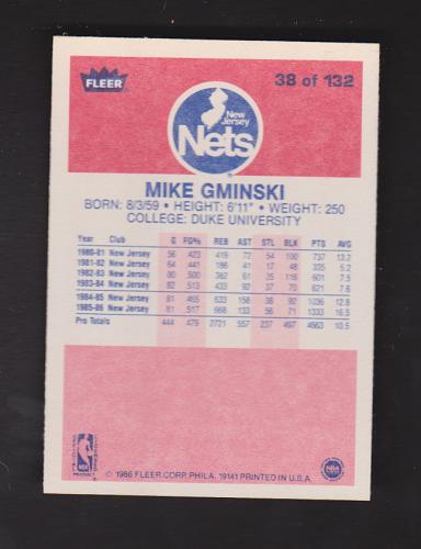1986 Fleer Basketball #38 Mike Gminski New Jersey Nets NM-MT