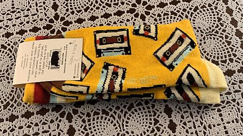 Two Left Feet Mix Tape Retro Socks Unisex Men 8 to 13 Ladies 10 to 12 Yellow NWT