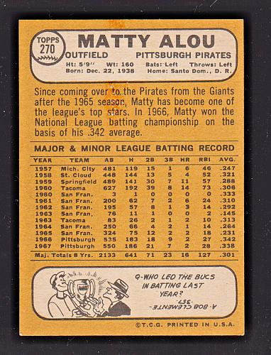 1968 Topps #270 Matty Alou Pirates Baseball NM/MT