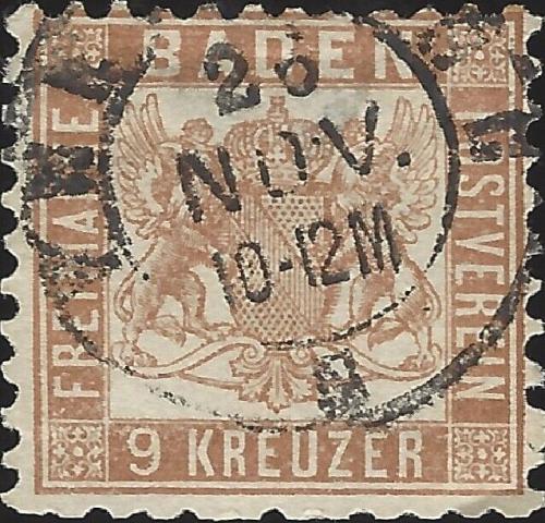 German States Baden Scott #23 Used VF 9 Kr 1864 Coat of Arms Stamp CV 25.00