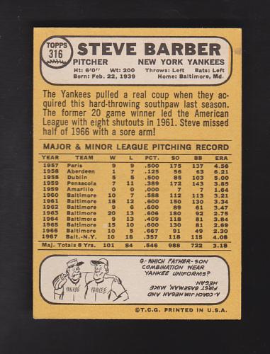 1968 Topps Baseball #316 Steve Barber NM/MT Yankees
