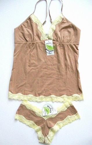 A206 Honeydew NEW Women Luxury Lace Touch Cotton Camisole Hipster Set Tan Forest