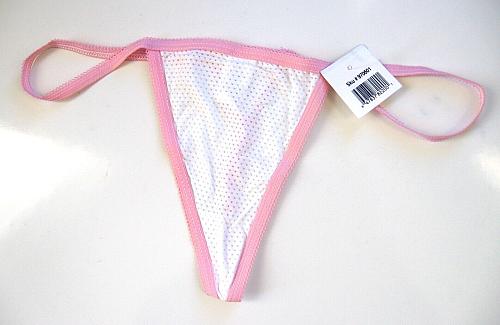 A0261 NEW Women's White Stretch Air Net Pink Waistband Openings G-String Thong L