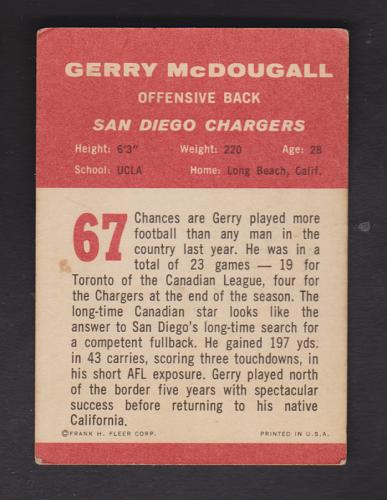 1963 Fleer Football #67 Gerry McDougall Rookie Chargers