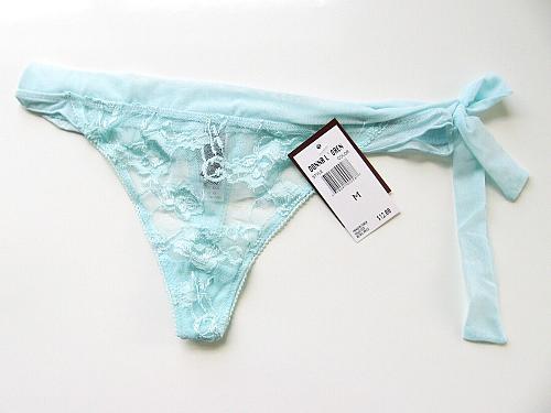 X0003 Donna Loren NEW Aqua Left Side Bow Sheer Floral Embroidery Lace Mesh Thong