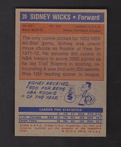 1972-73 Basketball Topps #20 Sidney Wicks Rookie Blazers NM