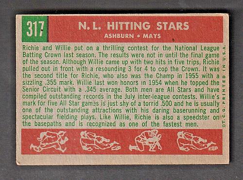1959 Topps Baseball #317 N.L. Hitting Kings Mays Ashburn NM
