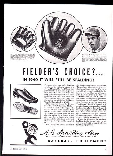 Feb. 1940 Spalding Baseball Gloves DiMaggio Vintage Print Ad