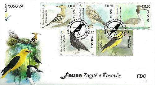 Kosovo Stamps 2018. Fauna: Birds. Falco, Upupa, Sturnus, Oriolus. FDC Set MNH