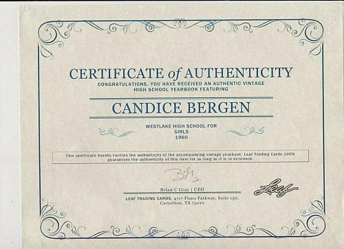 CANDICE BERGEN 1960 HIGH SCHOOL YEARBOOK FRESHMAN With LEAF COA