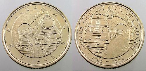 Albania Coin 5 Leke, 1988. 42nd Anniversary of 1-st Albanian railroads. BU, UNC