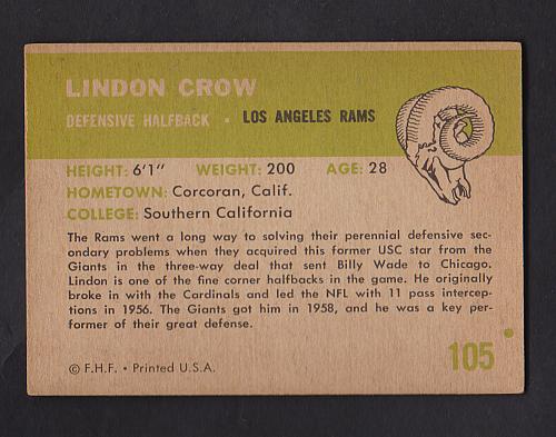 1961 Fleer Football Lindon Crow #105 Los Angeles Rams NM-MT