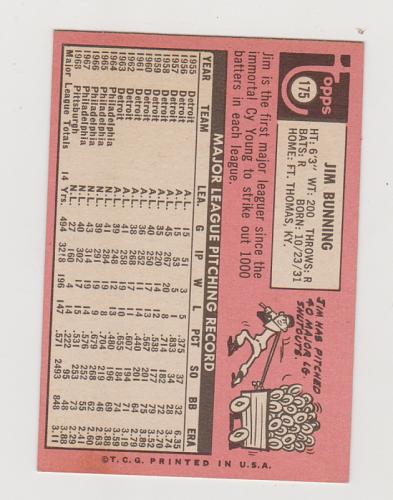 1969 Topps Baseball Jim Bunning #175 Pittsburgh Pirates NM