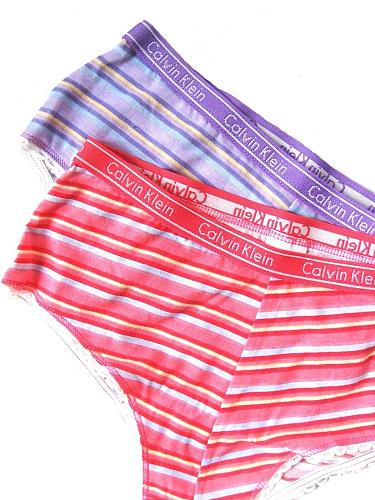 A414 Calvin Klein NEW Girl's Coral Lilac Striped Pure Cotton Knit Hipster 2-Pack