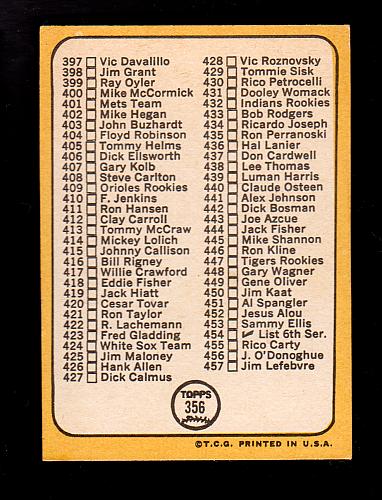 1968 Topps Baseball Unmarked Checklist 5th Series #356