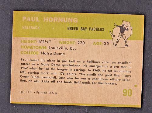1961 Fleer #90 Paul Hornung HOF Packers VG+