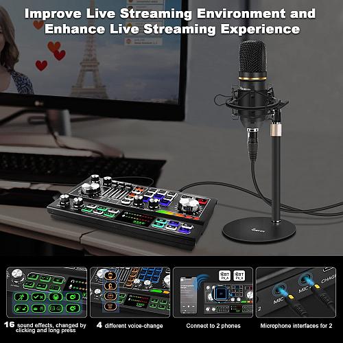 Podcast Equipment Bundle for 2 Audio Mixer with Condenser Microphone and 48V ...