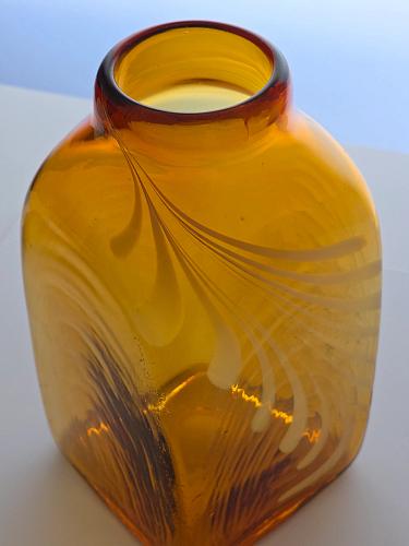 Amber Art glass white swirl square